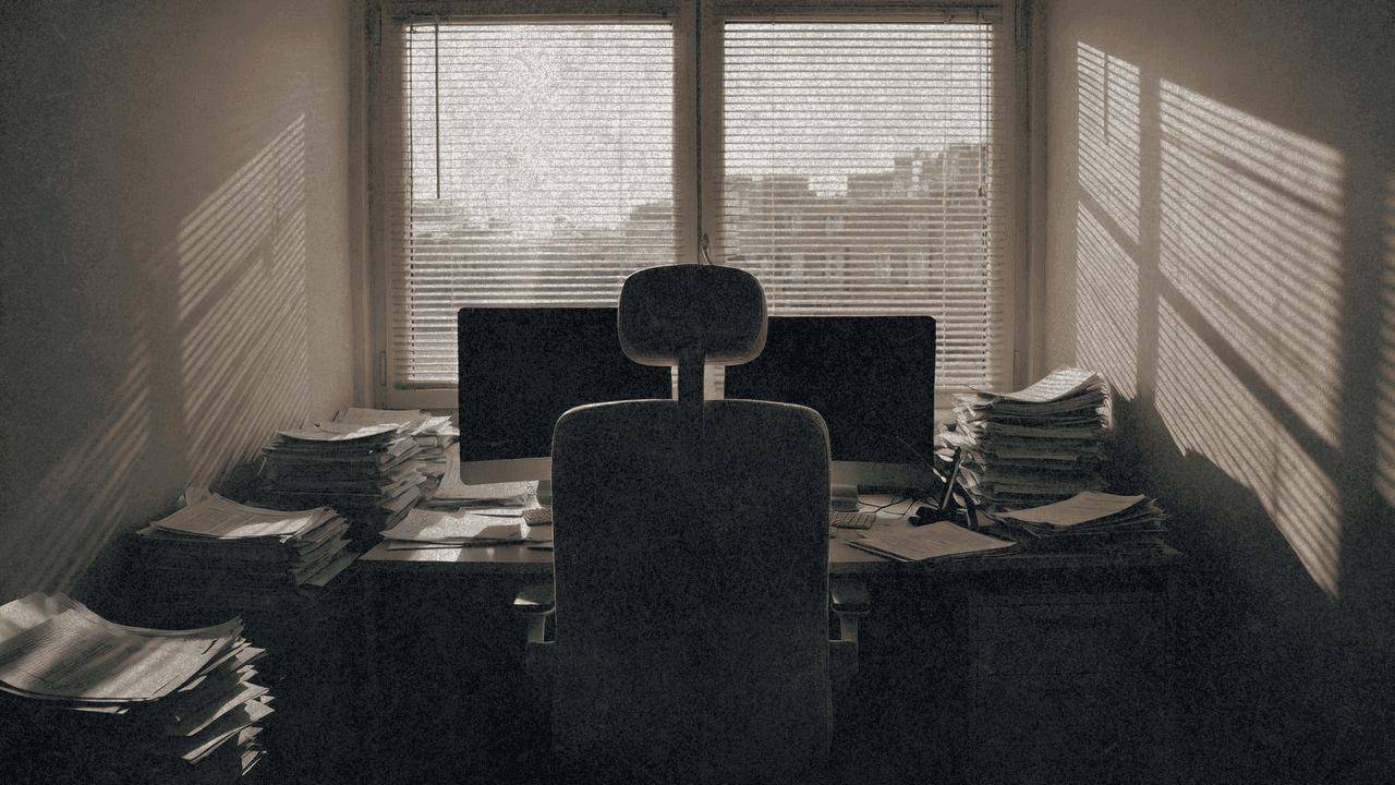 Пустое офисное кресло, отвёрнутое от рабочего стола с разбросанными бумагами и мониторами