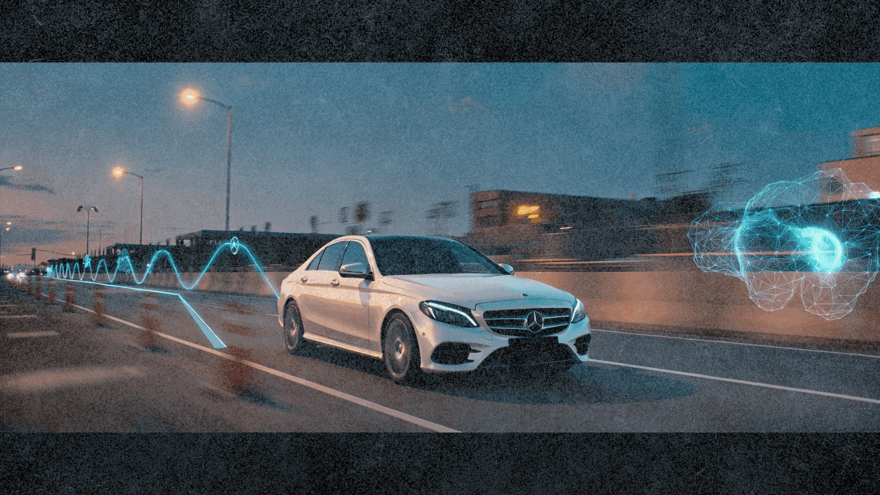 Седан Mercedes в строительной зоне с наложением траектории ИИ