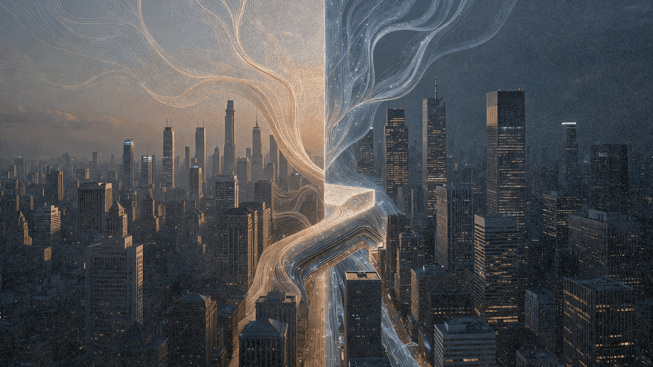 Иллюстрация с разделённым изображением горизонтов Пекина и Сингапура, соединённых абстрактными потоками данных, символизирующими передачу ИИ-технологий между городами