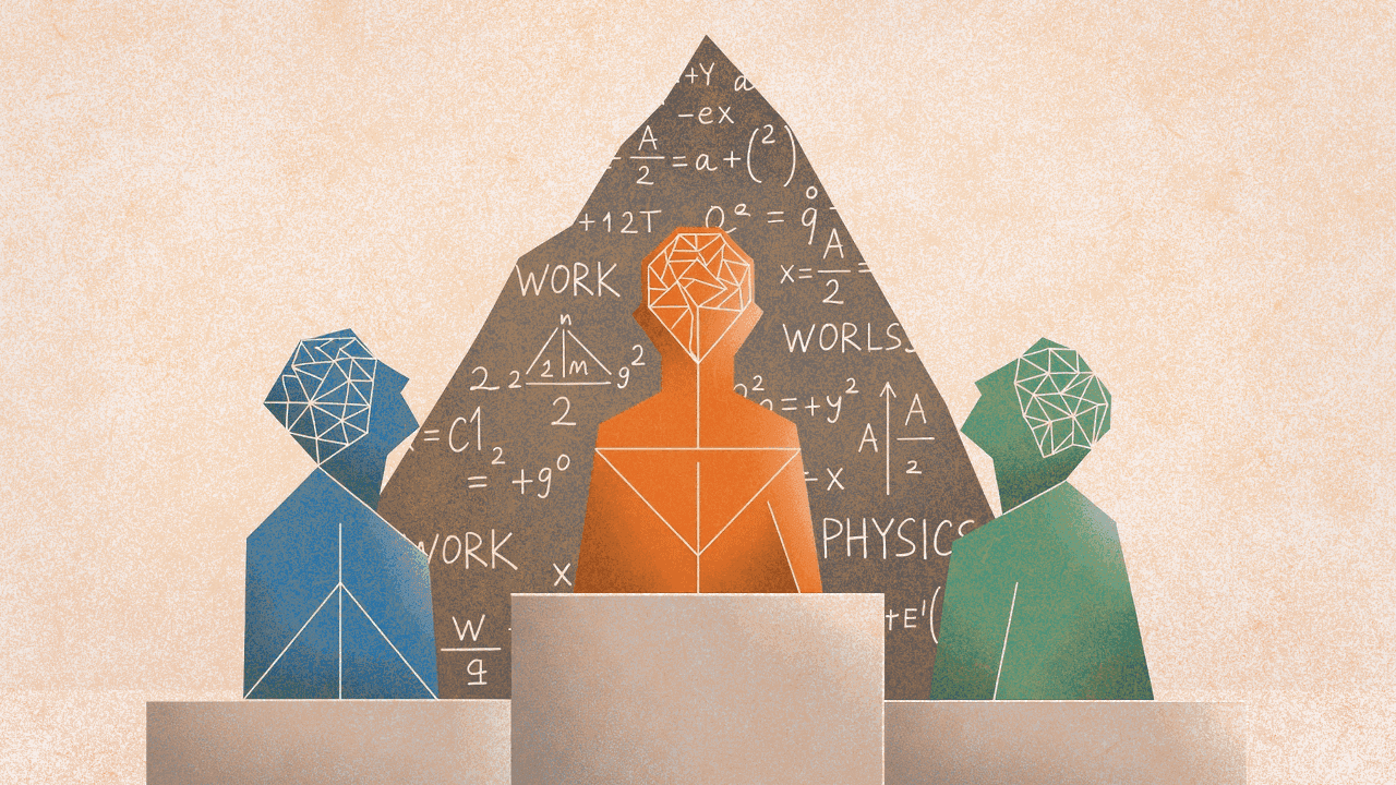 Три ИИ-системы на пьедестале почти одинаковой высоты смотрят на высокую гору научных задач