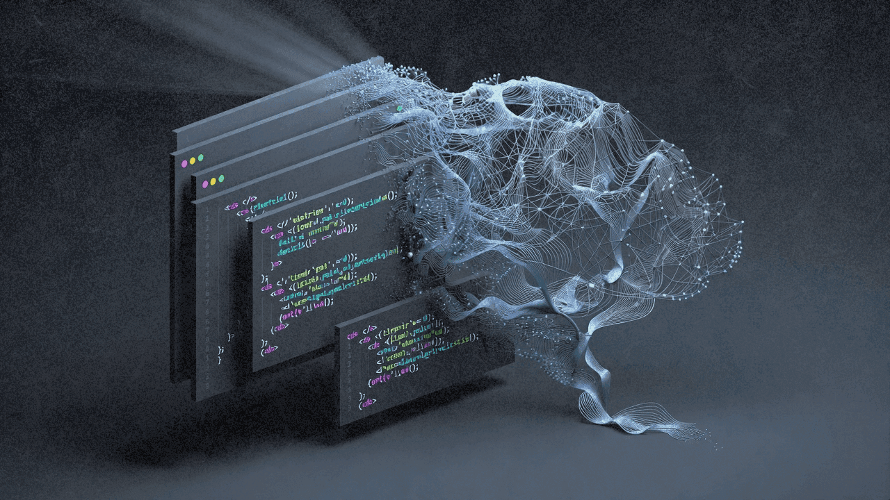 Абстрактная иллюстрация: CSS-код трансформируется в паттерны нейросети