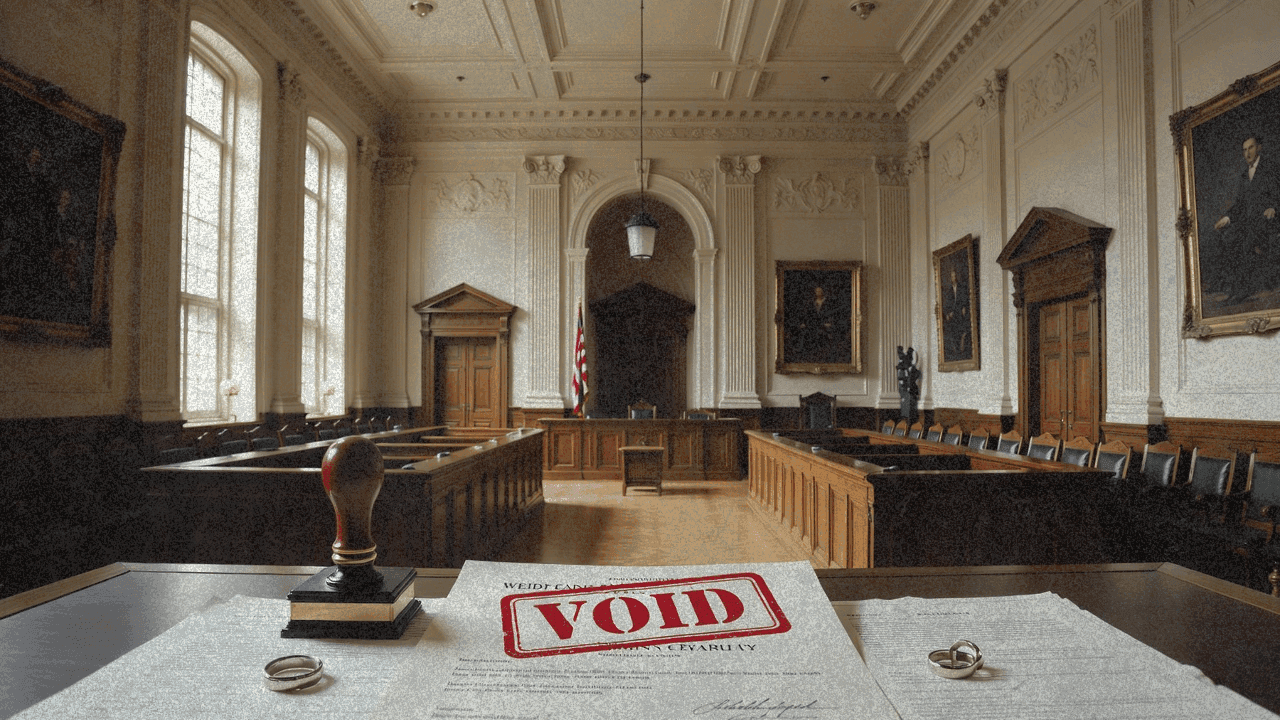 Свидетельство о браке с печатью «недействительно» на столе в зале суда, рядом обручальные кольца