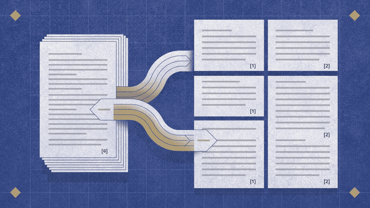Иллюстрация трансформации документов в организованные заметки с цитатами через обработку NotebookLM