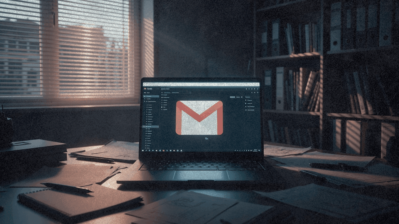 Логотип Gmail отражается в экране ноутбука в тёмном офисе