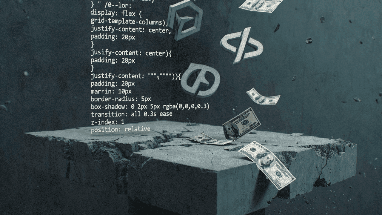 Стилизованная иллюстрация инфраструктуры CSS-фреймворка, поддерживаемой корпоративным спонсорством, изображающая кризис финансирования Tailwind CSS