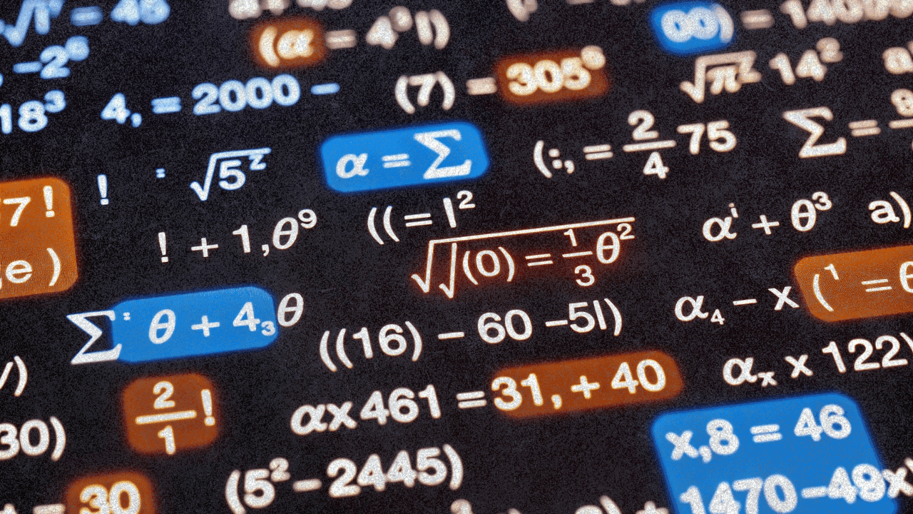 Математические обозначения на тёмной поверхности с подсвеченными фрагментами доказательства, проверенного ИИ