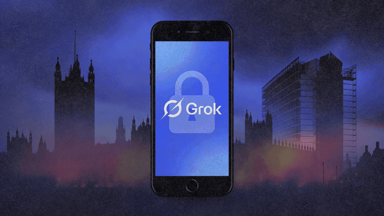 Смартфон с логотипом Grok и символом замка на тёмном градиентном фоне с силуэтами правительственных зданий