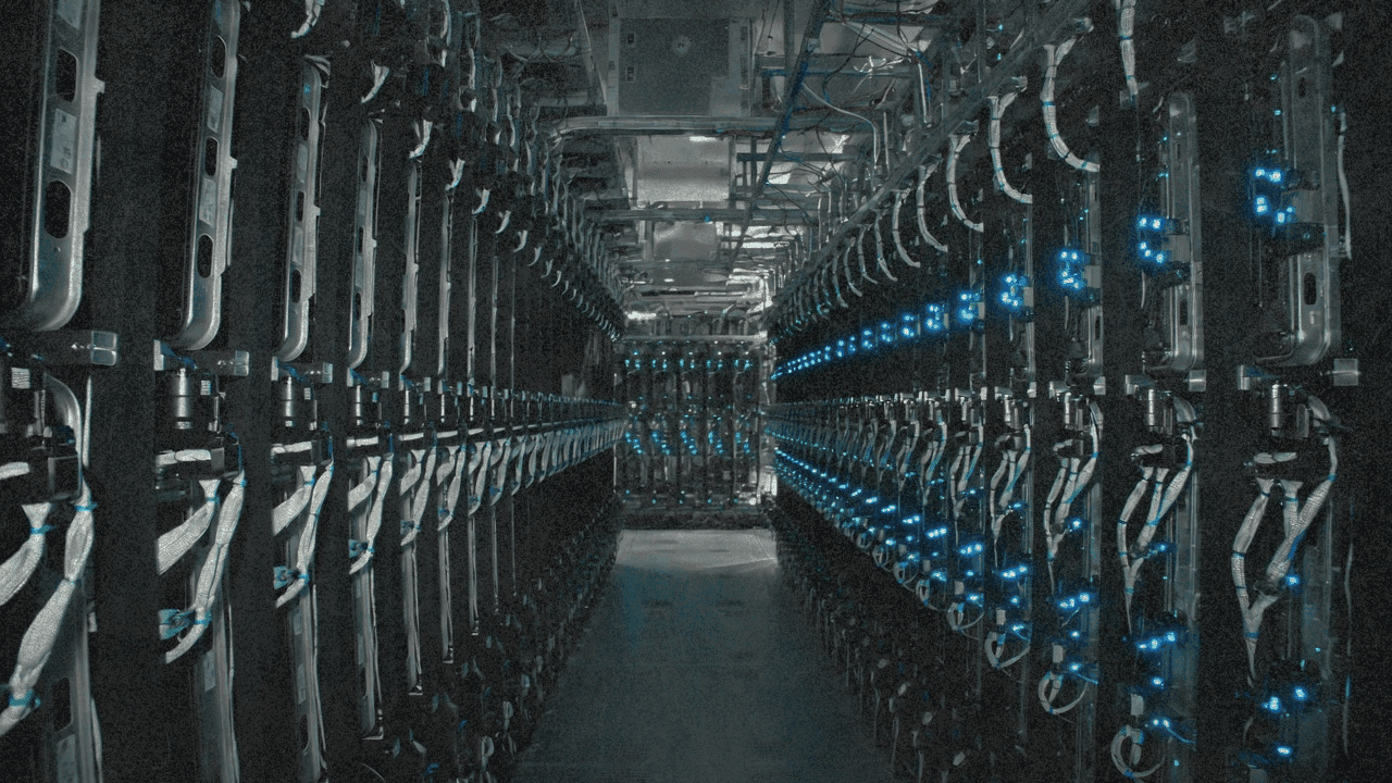 Интерьер крупного дата-центра с рядами серверных стоек GPU и системой охлаждения