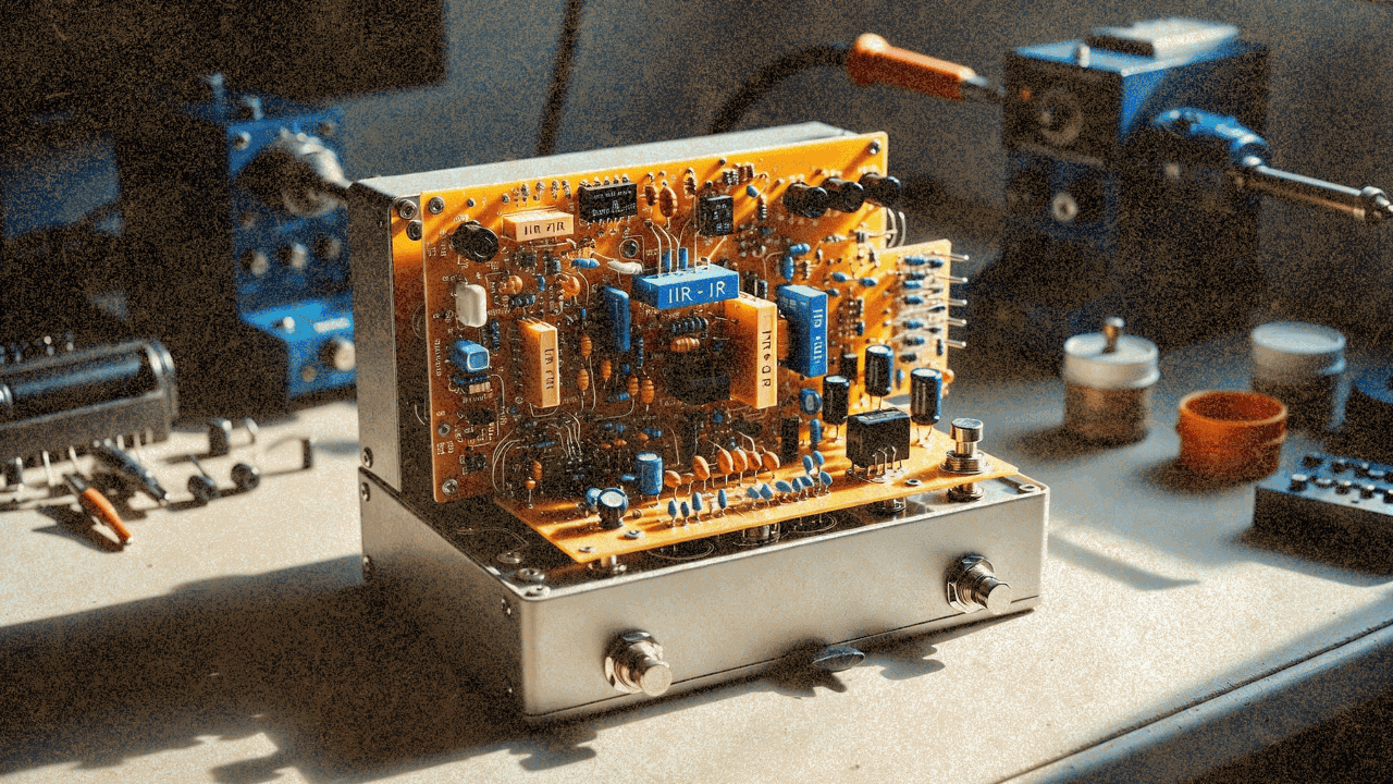 Винтажная гитарная педаль эффектов с открытой платой на столе электронщика, компоненты аналоговых фильтров под драматичным боковым светом