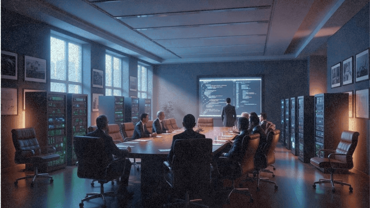 Иллюстрация корпоративного зала заседаний, где кресла заменяются серверными стойками с ИИ, показывающая трансформацию консалтинговой отрасли