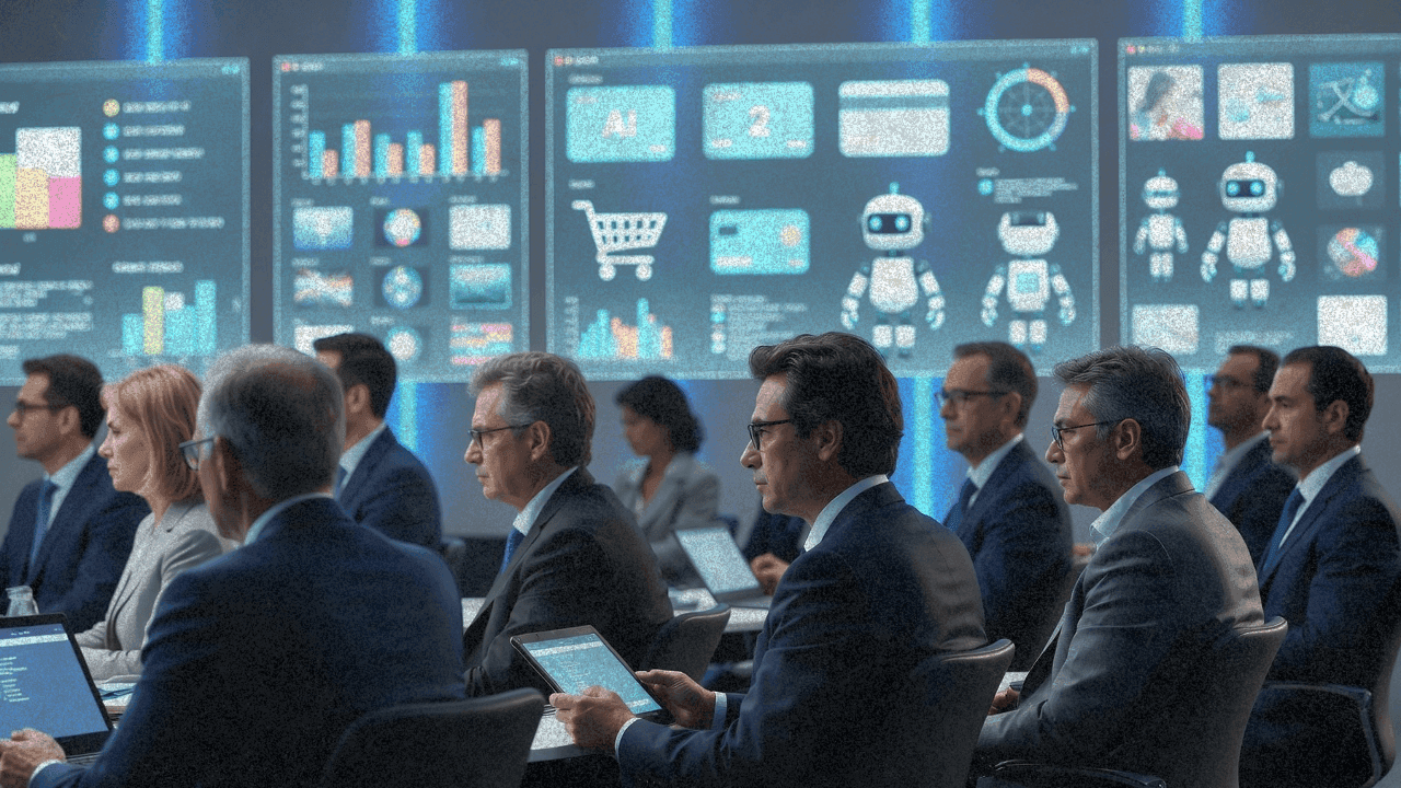 Сундар Пичаи выступает на конференции NRF 2026 с изображениями цифровой коммерции на экранах