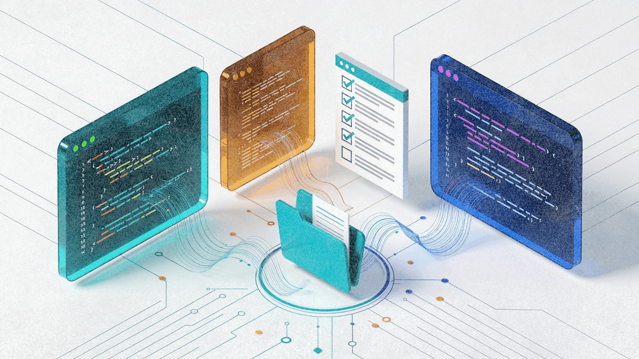 Изометрическая иллюстрация: три интерфейса ИИ-ассистентов для кодинга, соединённые с центральной папкой проекта и чек-листом задач