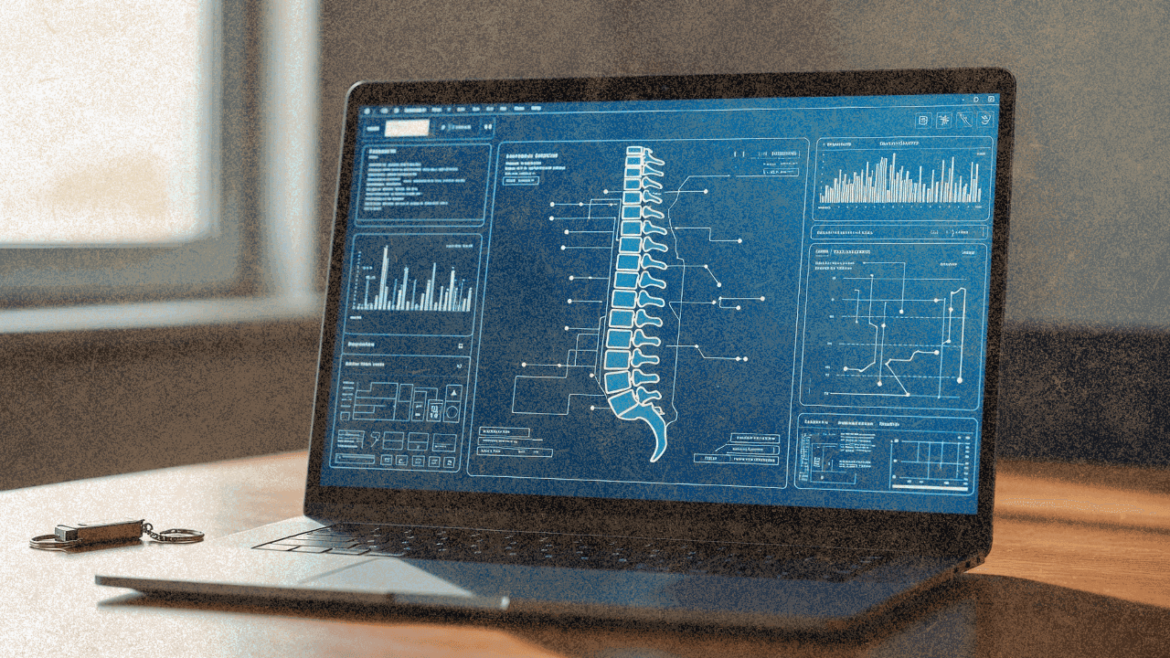 Ноутбук с интерфейсом просмотра снимка позвоночника рядом с USB-флешкой на деревянном столе