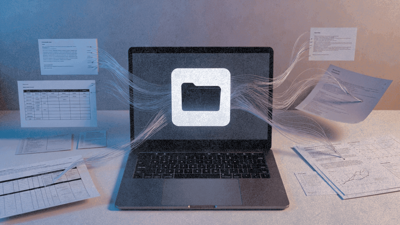 Абстрактная иллюстрация Claude Cowork, соединяющего файлы и документы на рабочем столе