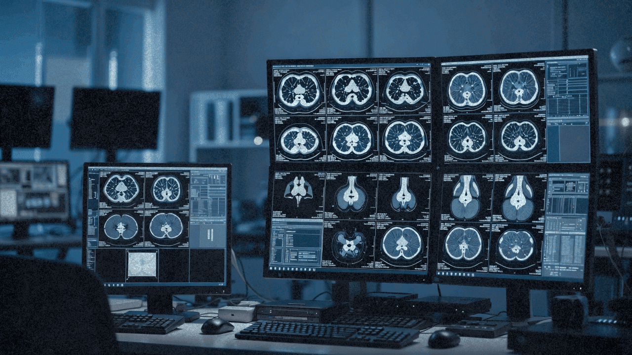 Рабочая станция радиолога с КТ-снимками на нескольких мониторах в клинической обстановке