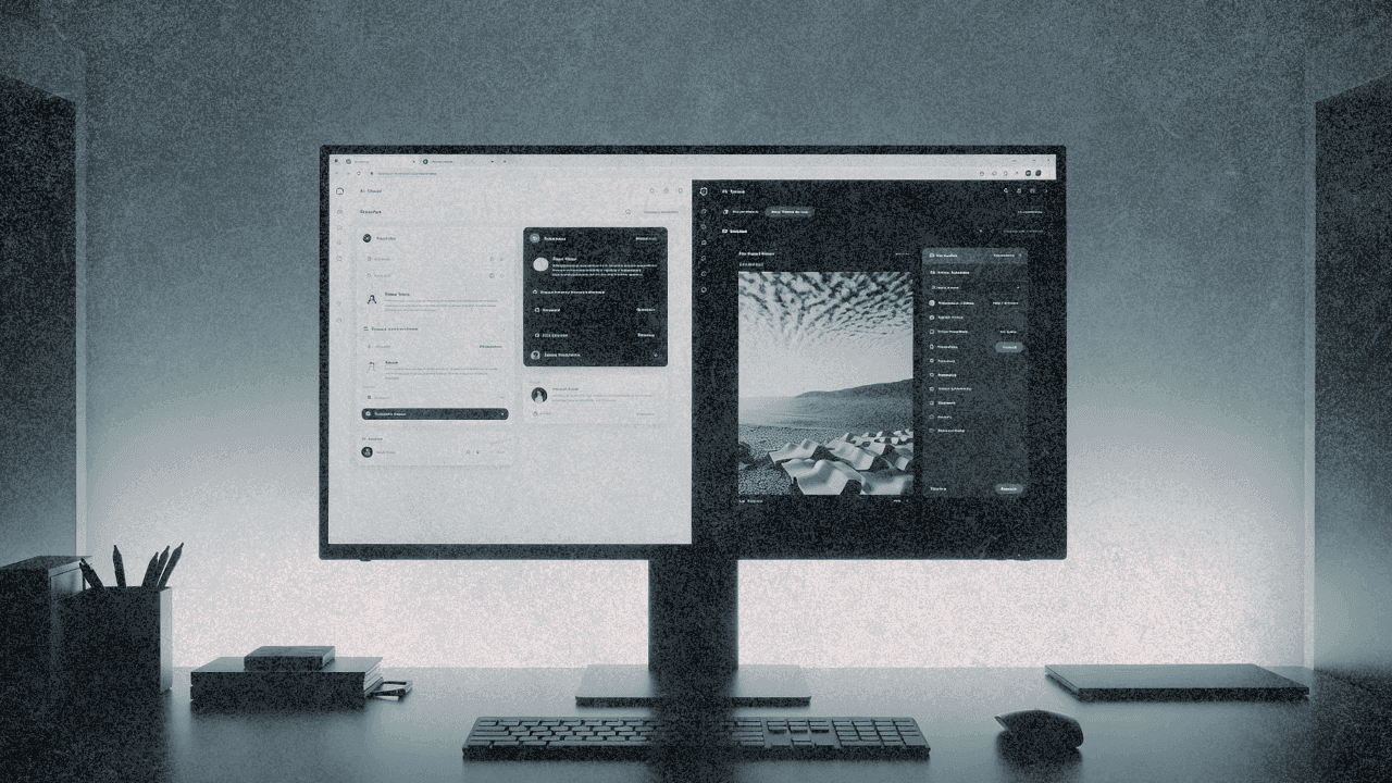 Интерфейсы нескольких ИИ-инструментов на современном компьютере: окна чата и генерации изображений