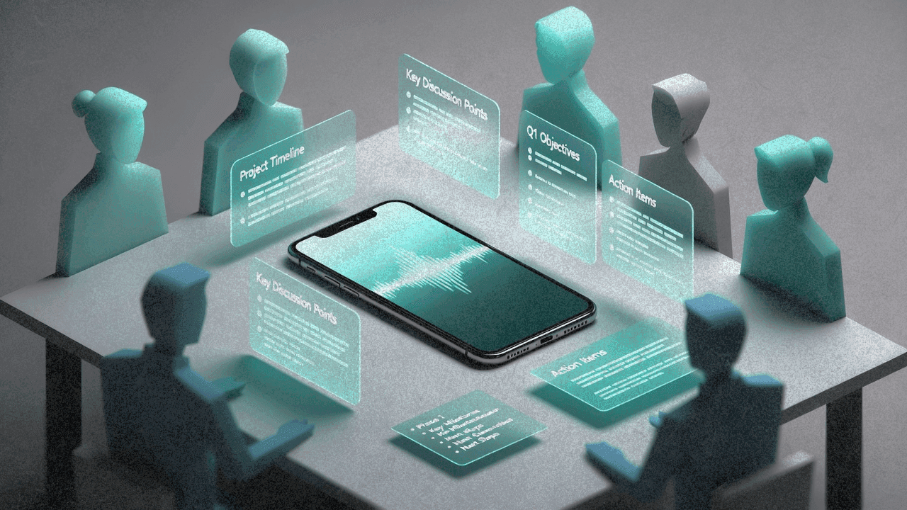 Смартфон записывает встречу, над ним парят сгенерированные ИИ заметки и слайды