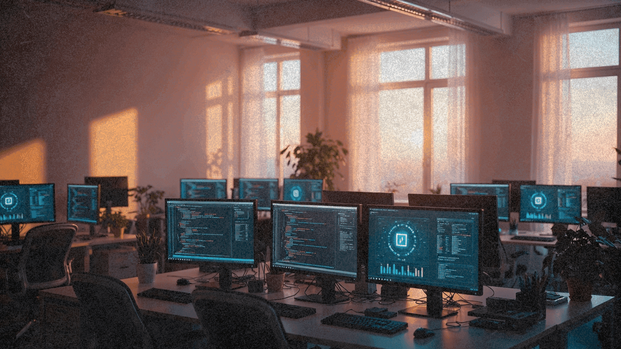 Современный офис-лаборатория с рабочими станциями и мониторами в тёплом освещении