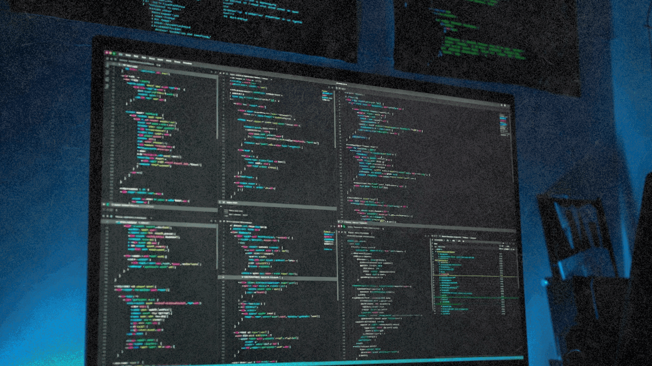 Абстрактная визуализация процесса кодинга с помощью ИИ с множеством ветвящихся путей кода