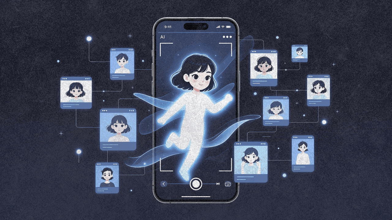 Смартфон с ИИ-сгенерированным вертикальным видео и парящими референсными изображениями, соединёнными потоками данных