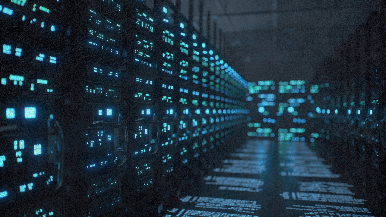 Серверная с сотнями индикаторов, символизирующих параллельно работающих ИИ-агентов