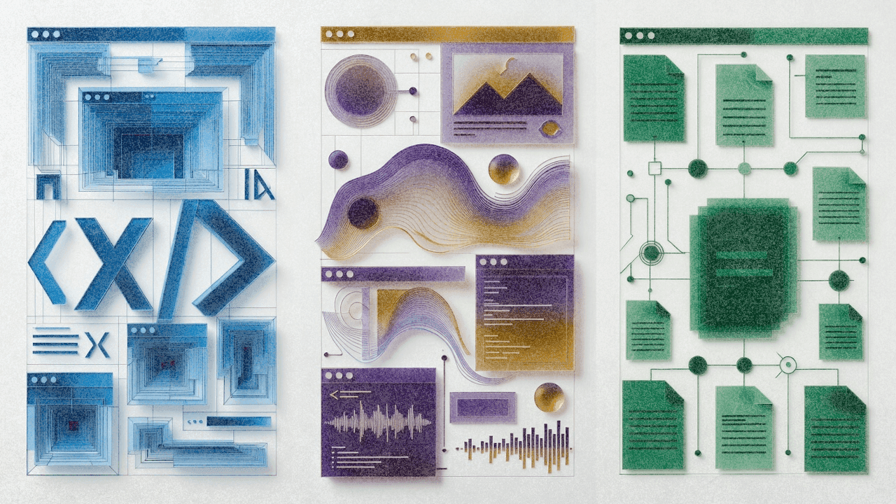 Абстрактная иллюстрация трёх воркфлоу промптинга: структурированные рассуждения, мультимодальная обработка и исследование на основе источников