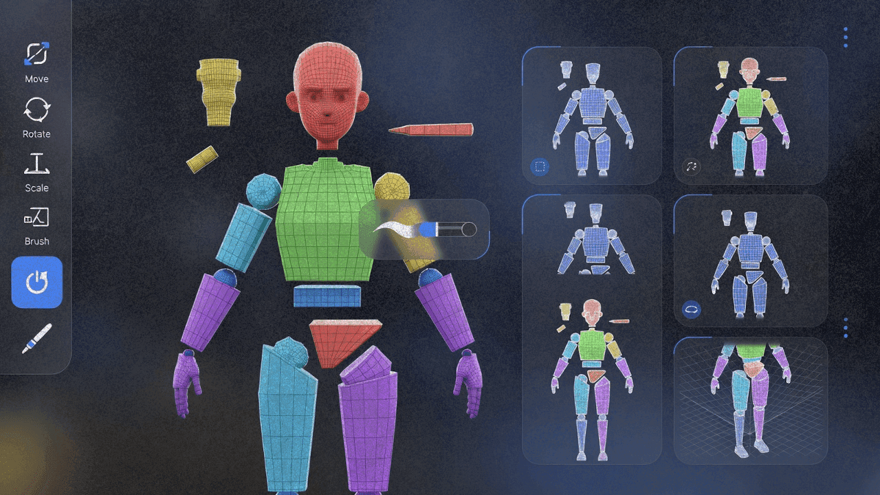 Интерфейс Hunyuan 3D Studio с 3D-моделью персонажа, разделённой на компоненты, и инструментами редактирования