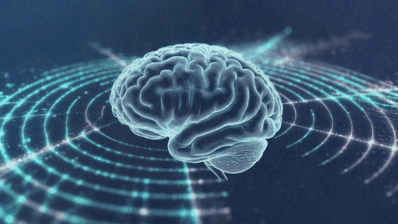 Концептуальная иллюстрация взаимодействия ультразвуковых волн с человеческим мозгом, представляющая технологию неинвазивного нейрокомпьютерного интерфейса