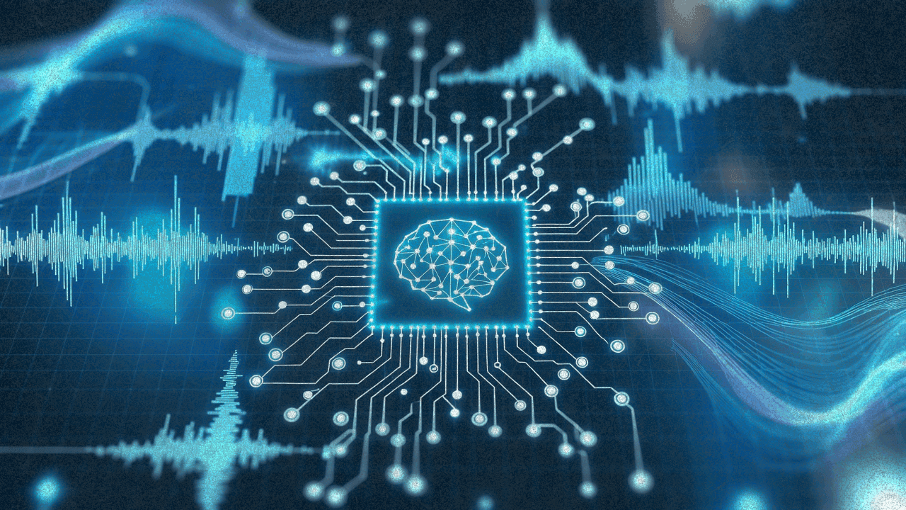 Абстрактная визуализация системы обработки аудио с помощью ИИ: звуковые волны и паттерны нейросети