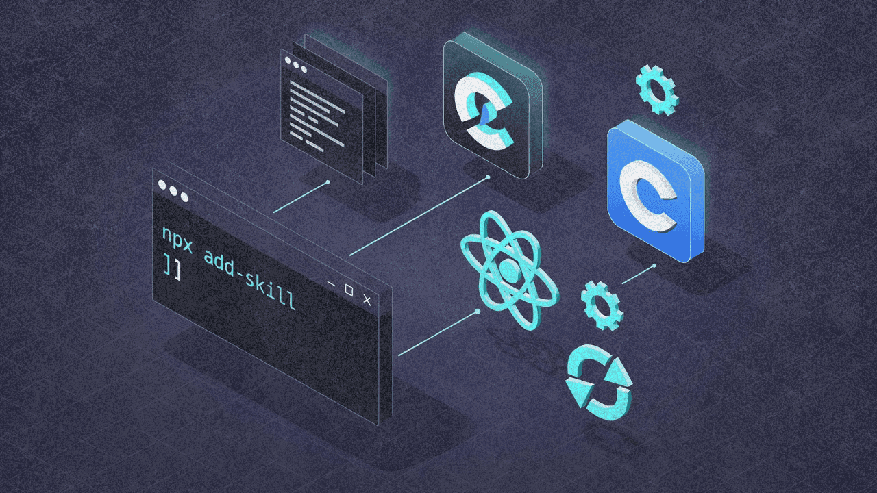 Команда в терминале, соединённая с иконками нескольких ИИ-агентов кодинга, логотип React и символы оптимизации