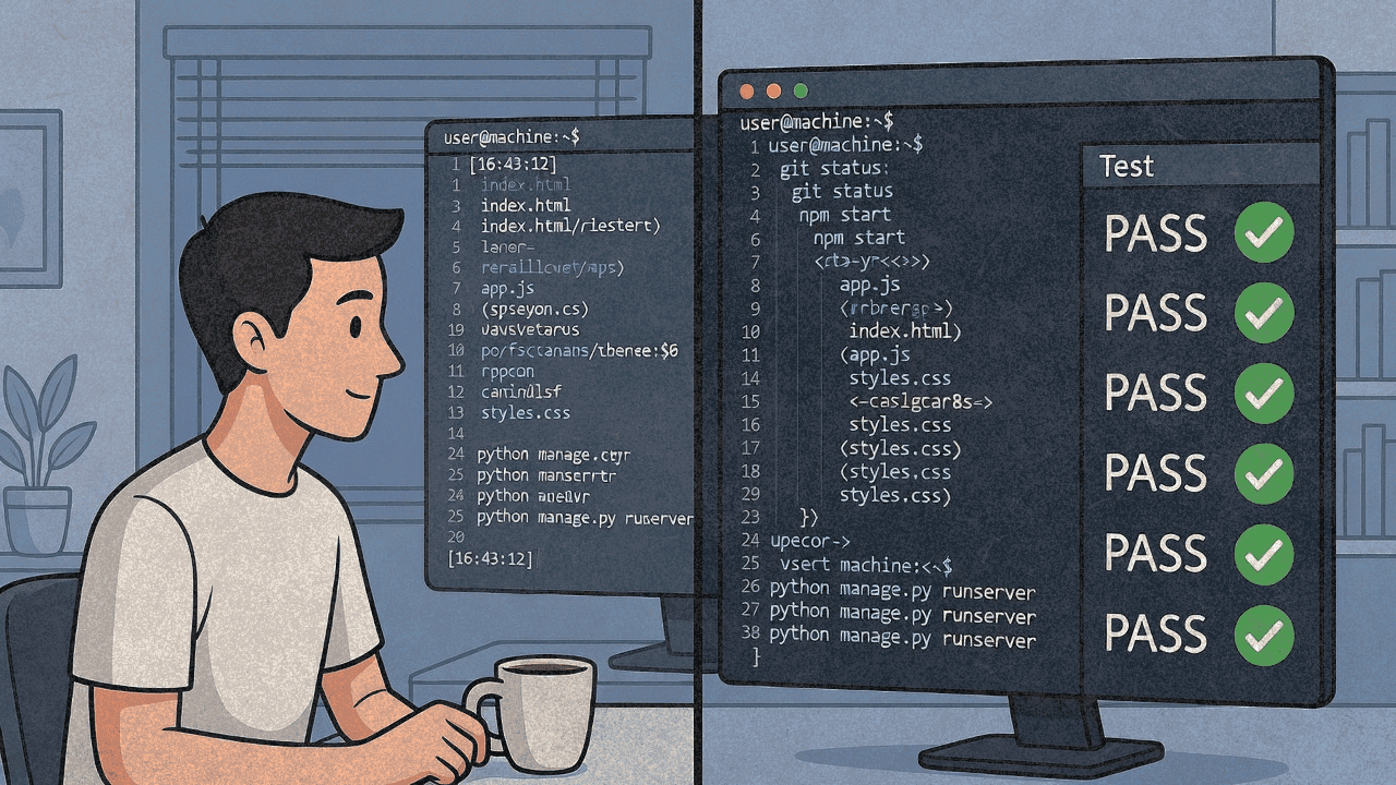 Разработчик наблюдает за автономным циклом кодирования с терминалом, показывающим накапливающиеся git-коммиты и проходящие тесты