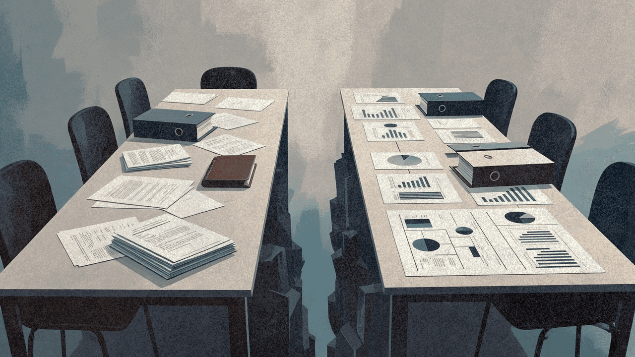 Иллюстрация с юридическими документами и корпоративными бумагами, расположенными на противоположных сторонах, символизирующая судебный спор OpenAI и Маска