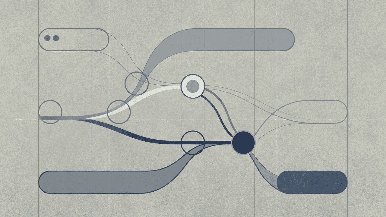 Абстрактная диаграмма воркфлоу с соединёнными нодами автоматизации и потоком данных между ними