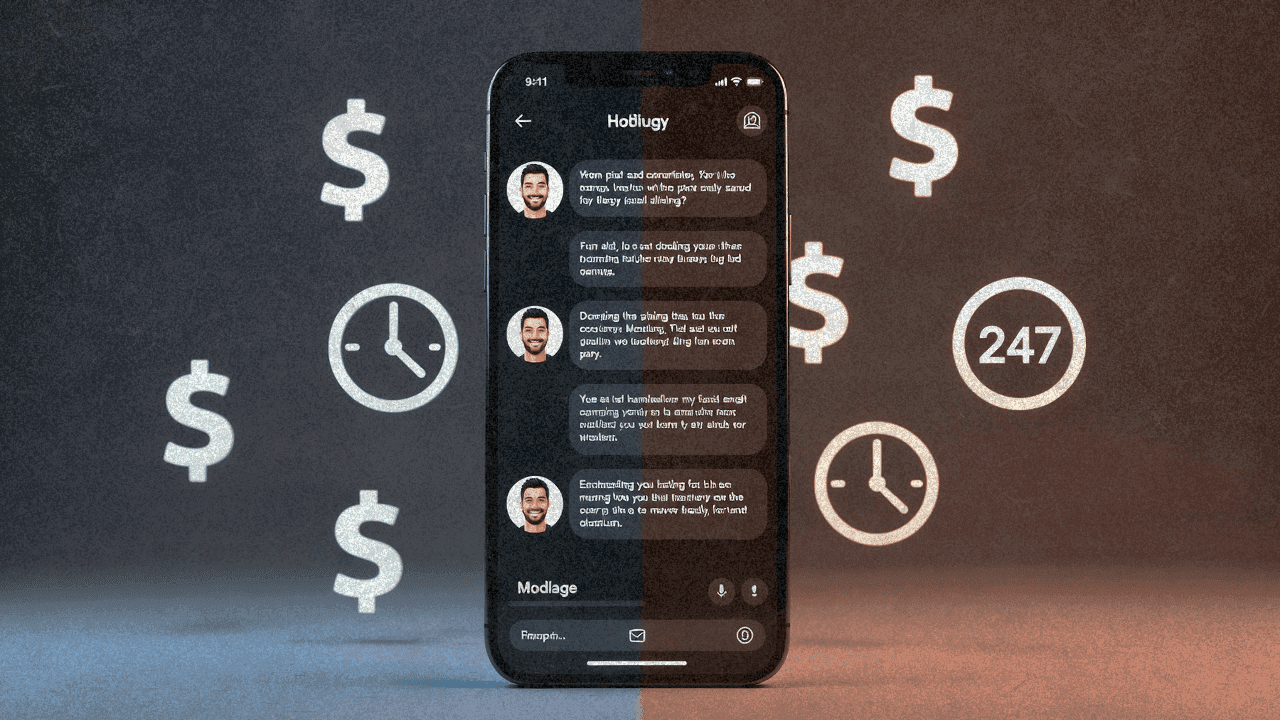 Смартфон с интерфейсом чата ИИ-коуча и аватаром мотивационного спикера