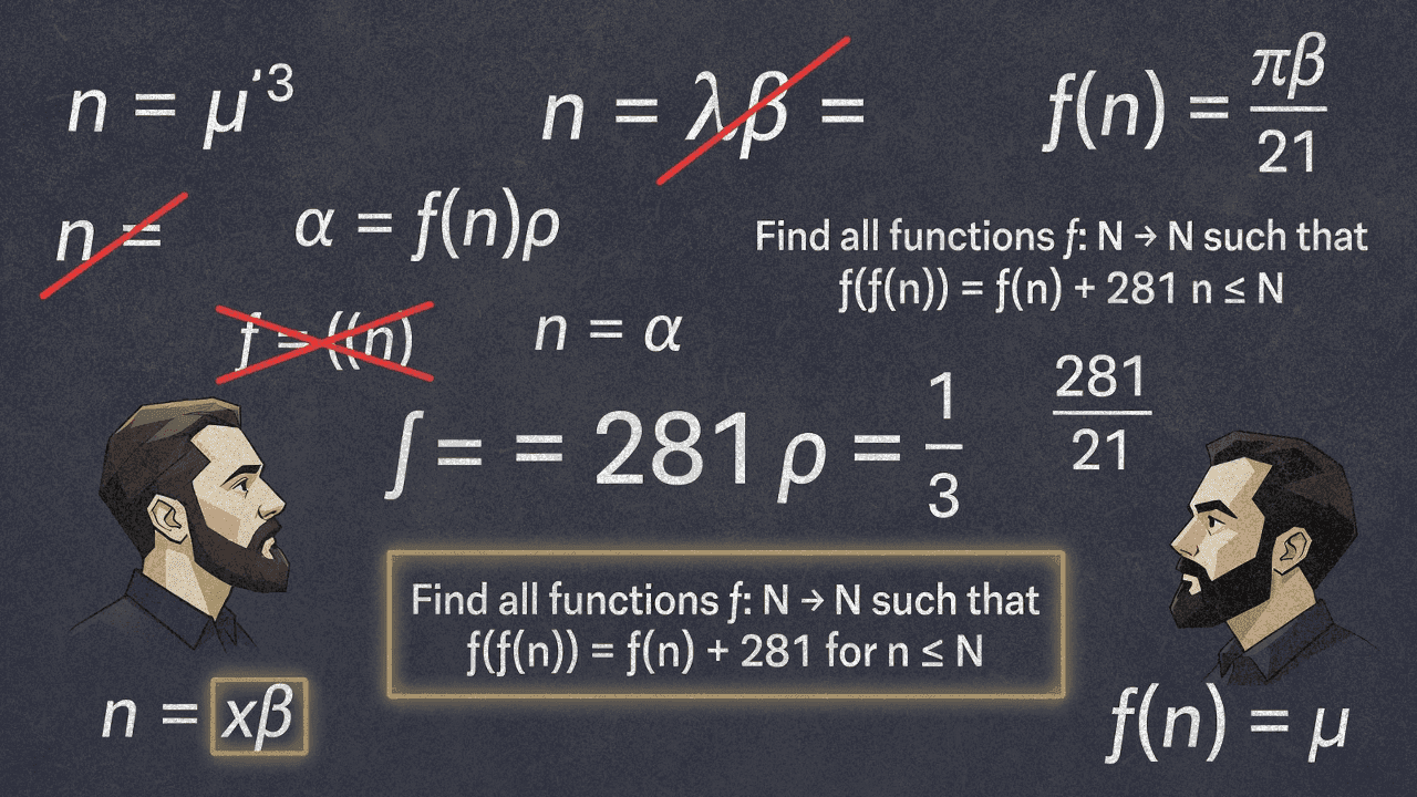 Абстрактная визуализация математических задач с выделенным числом 281 и двумя фигурами, изучающими одно и то же уравнение
