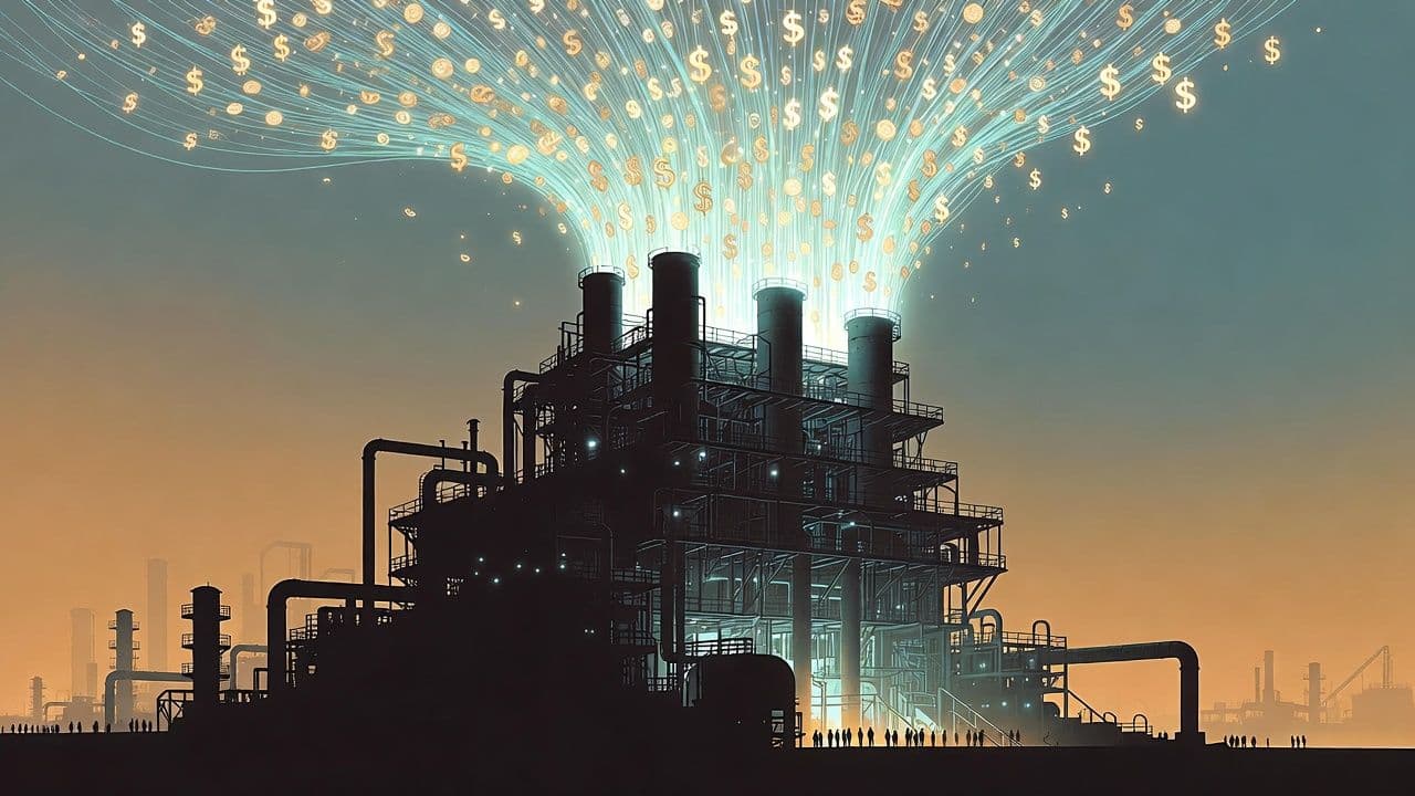 Абстрактная иллюстрация дата-центра, преобразующего вычислительную мощность в выручку: светящиеся потоки данных поднимаются вверх и превращаются в символы валют на фоне градиентного неба