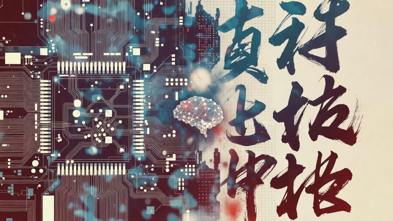 Абстрактная иллюстрация, изображающая слияние китайской разработки отечественных ИИ-чипов и архитектуры нейронных сетей