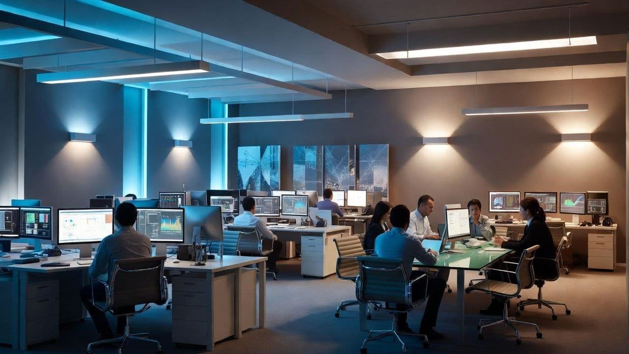 Пустые рабочие места с горящими мониторами рядом с консультантами за переговорами — интеграция ИИ и людей в офисе