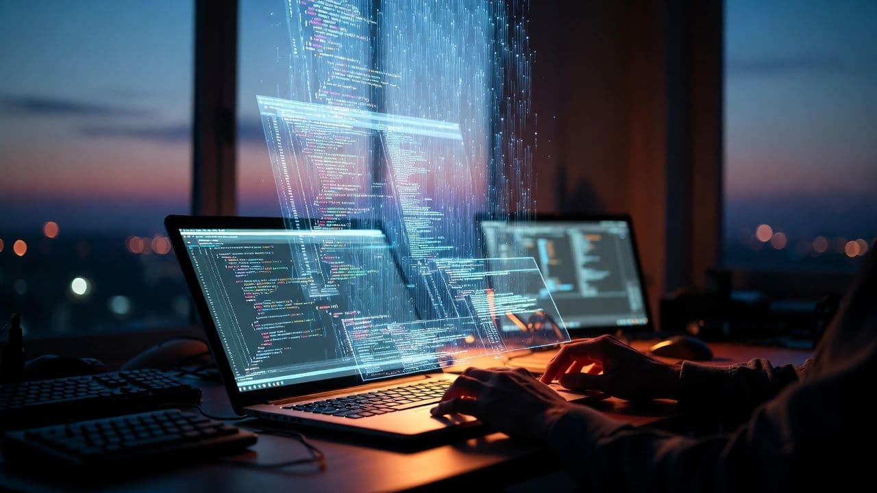 Руки разработчика над клавиатурой, над ноутбуком потоки кода от ИИ в синих тонах