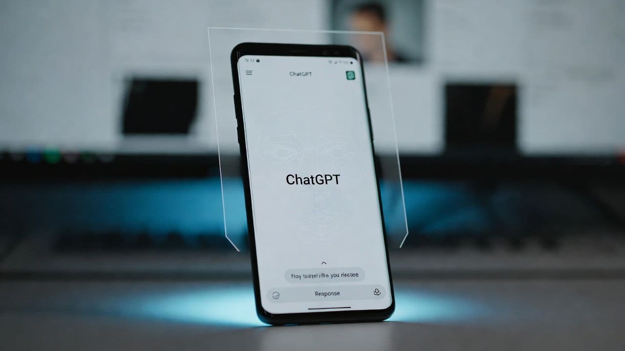 Смартфон с интерфейсом ChatGPT и визуализацией распознавания лица на экране