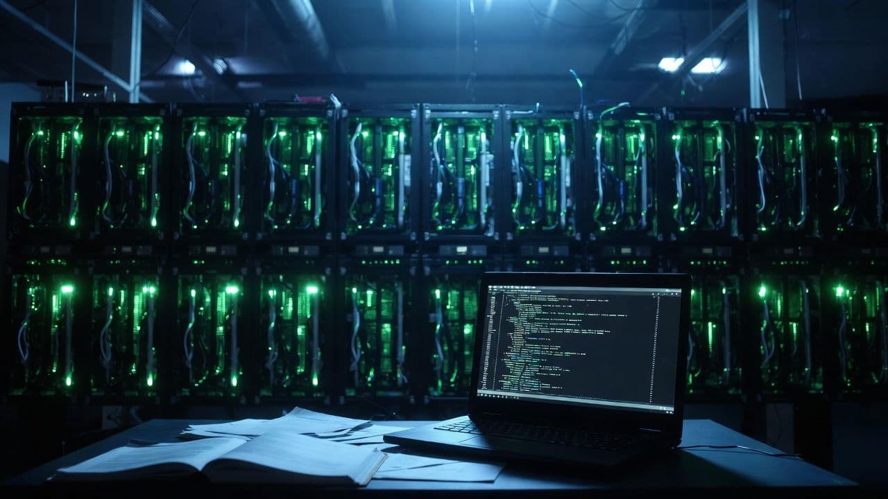 Серверная с GPU-стойками и разбросанными страницами книг, иллюстрирующая скандал вокруг данных для обучения ИИ