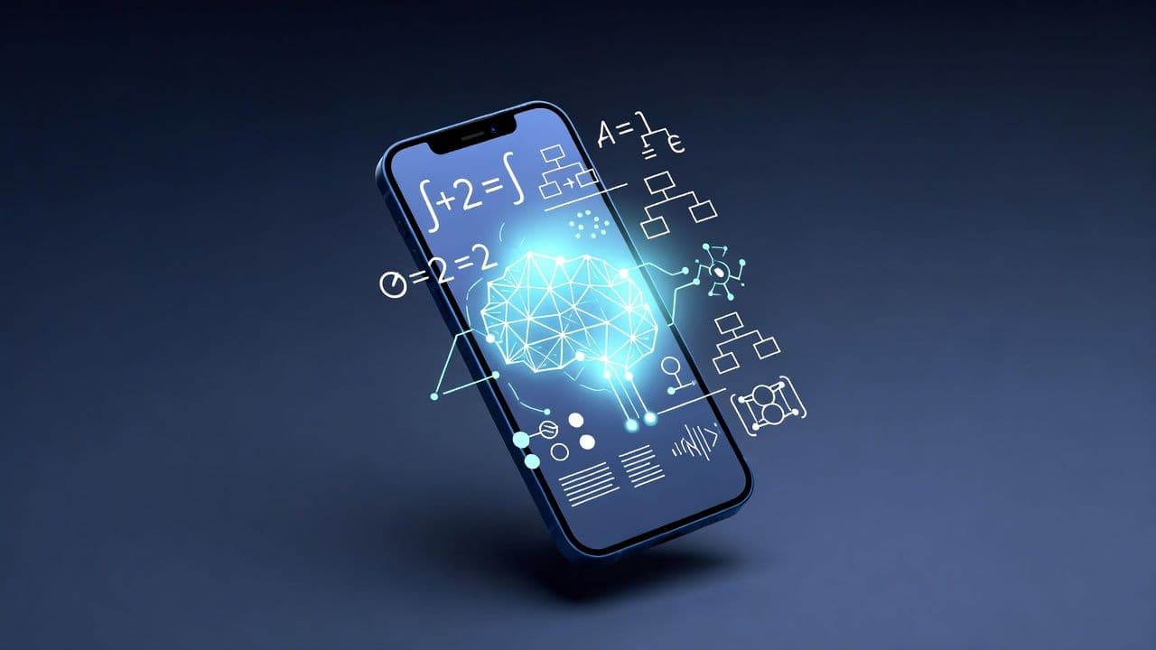 Смартфон с паттернами нейросети на тёмно-синем фоне