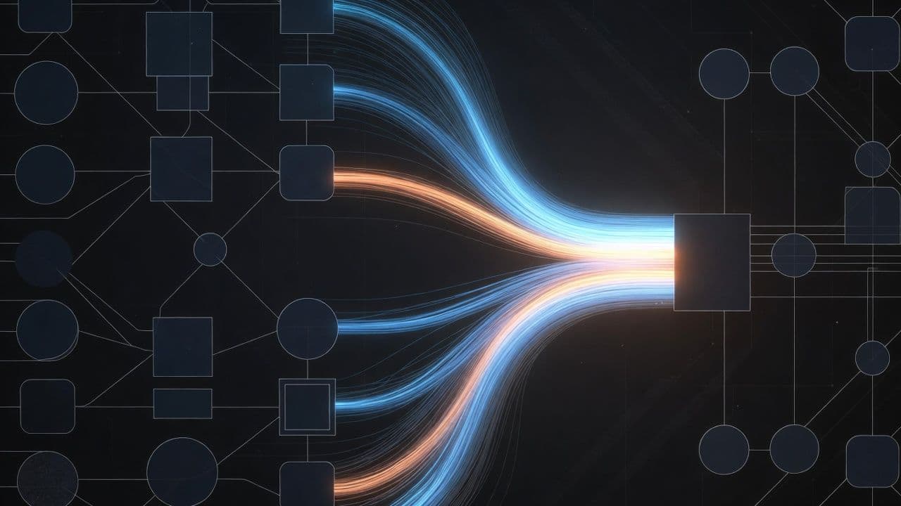 Абстрактная визуализация расходящихся архитектур ИИ-моделей в виде параллельных световых потоков