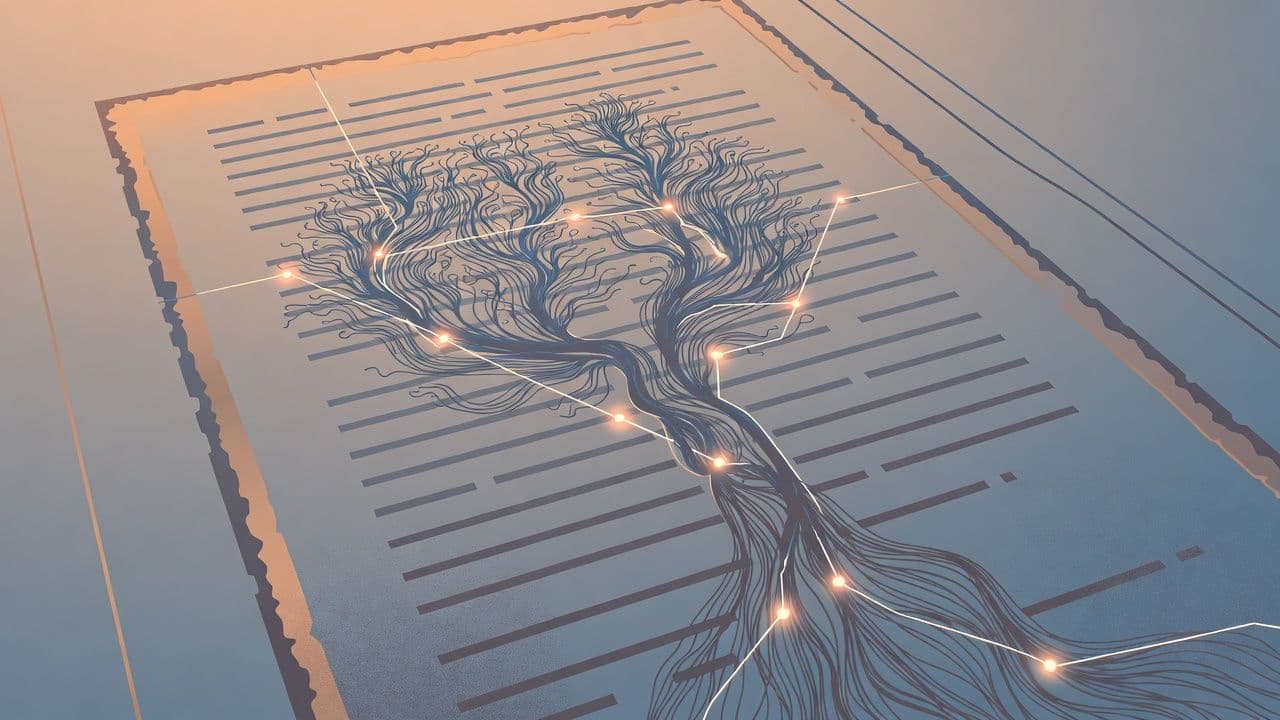 Абстрактная иллюстрация документа с ветвящимися паттернами нейронной сети в синих и тёплых тонах