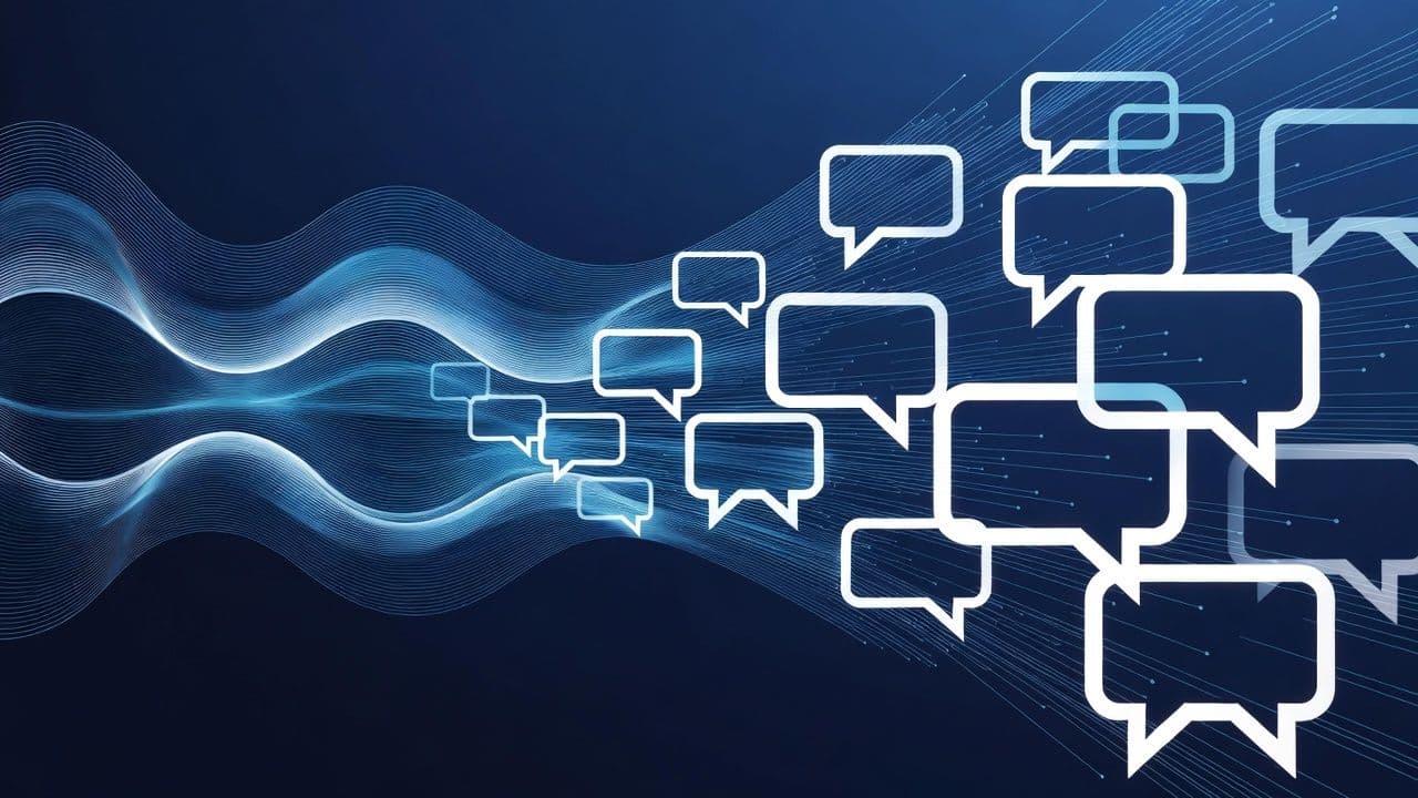 Абстрактная визуализация синтеза речи с ИИ: звуковые волны и элементы речи