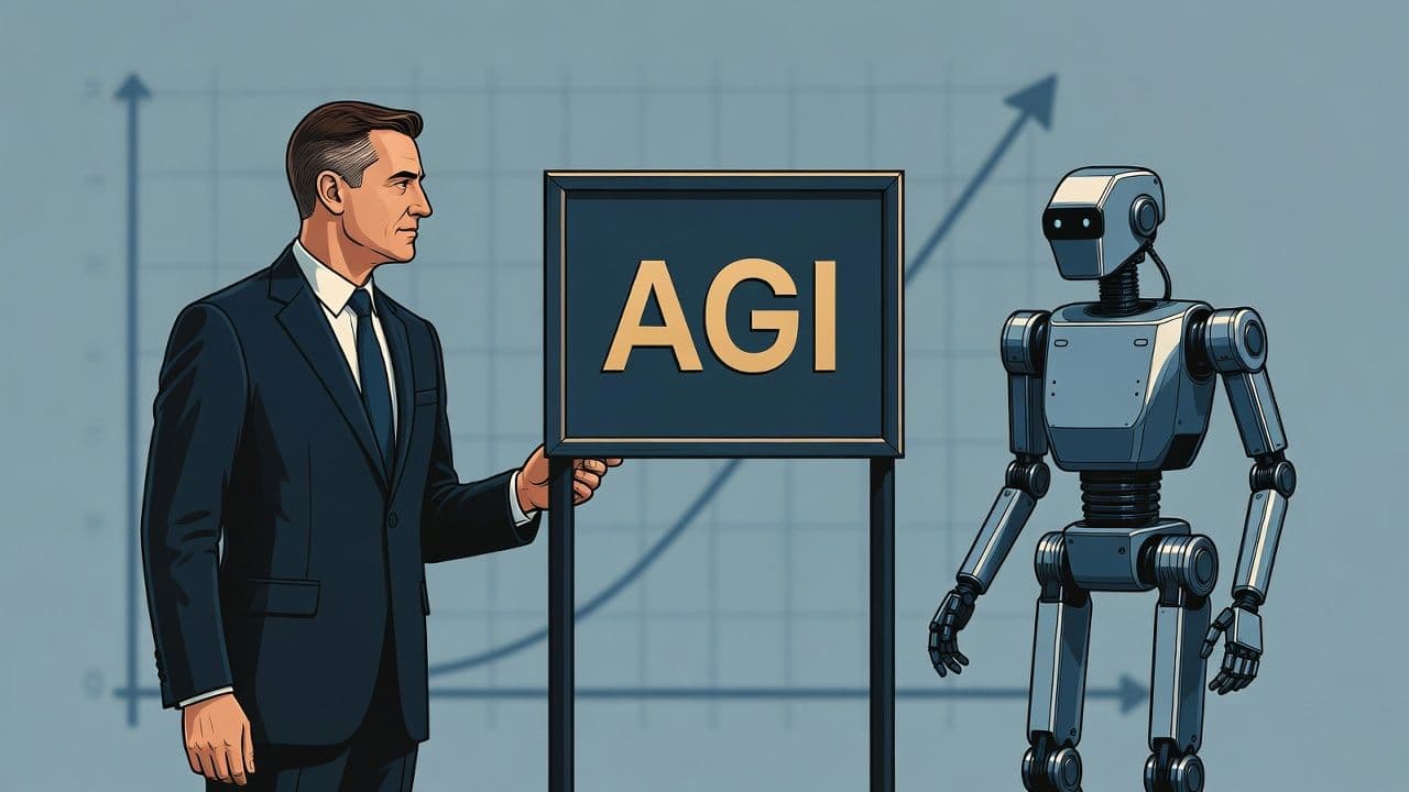 Иллюстрация: фигура передвигает ворота с надписью AGI ближе к застывшему роботу, на фоне экспоненциальная кривая