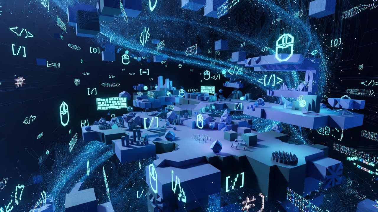 Стилизованная визуализация 3D-игрового мира, формирующегося из цифровых частиц с помощью ИИ