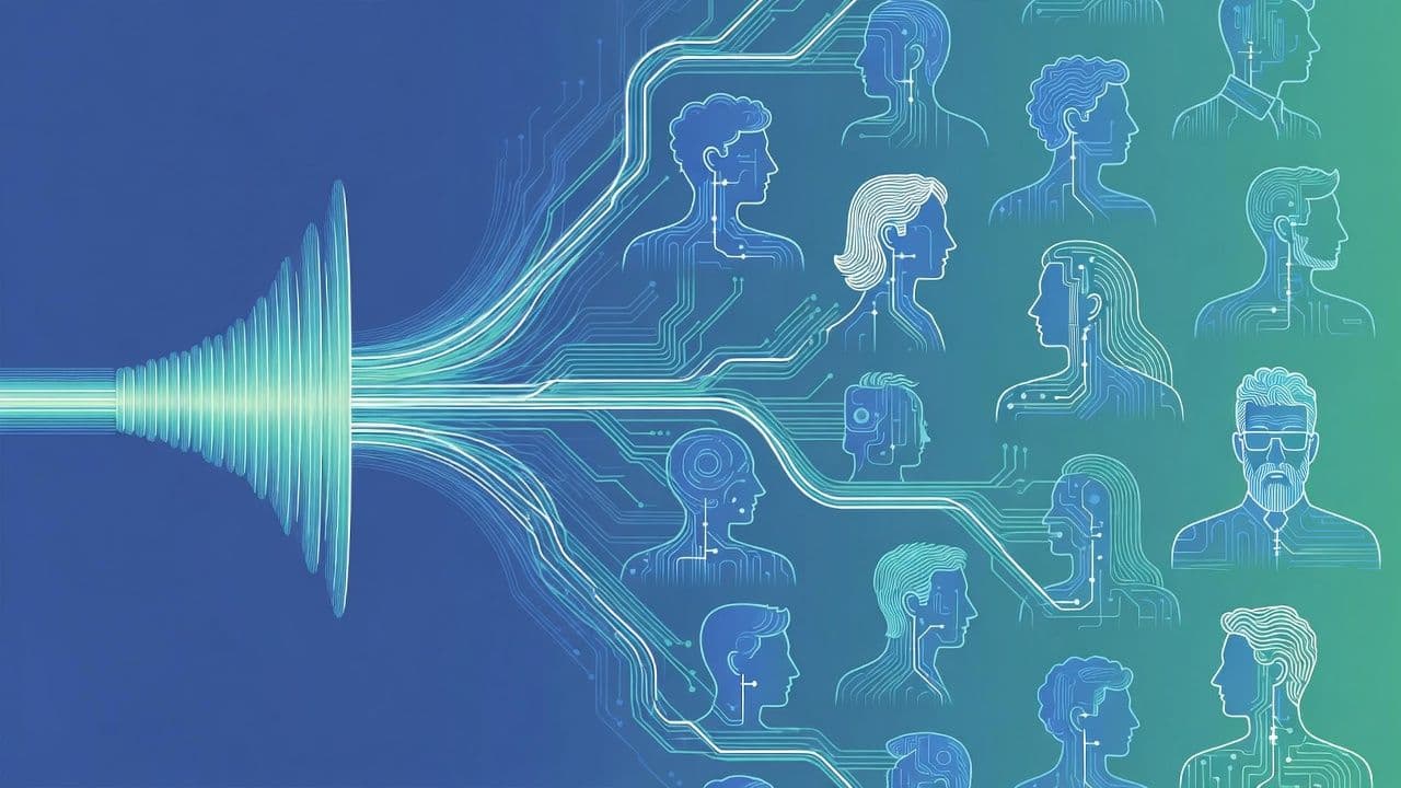 Абстрактная визуализация звуковых волн, превращающихся в силуэты голосов, символизирующая ИИ-синтез речи